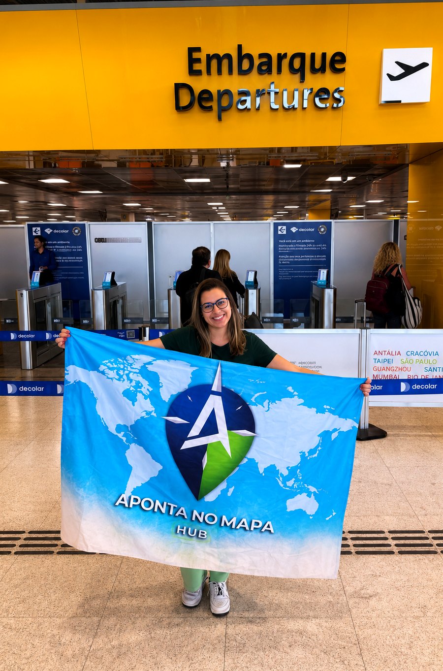 Cliente da Aponta no Mapa no embarque do aeroporto segurando a bandeira da agência